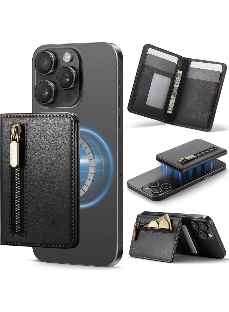 SYOSI Magnetic Card Holder, Mag-Safe Compatible Phone Wallet with RFID Blocking, PU Leather Magnetic Wallet for iPhone 17 16 15 14 13 12 Series Pro Max Plus Air, 4 Card Slots with Zipper Pocket, Black - Image 1