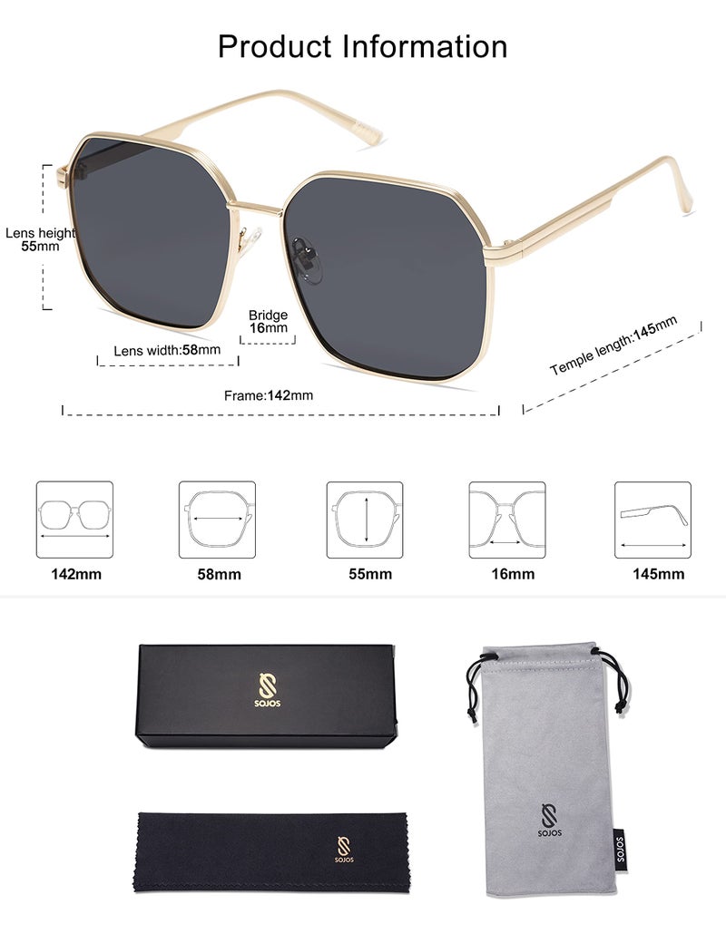 SOJOS Retro Square Polarized Sunglasses for Women Vintage Square Shades UV400 Large Metal Frame SJ1166 with Gold/Grey Lens - Image 5