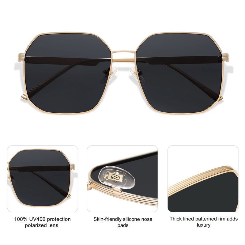 SOJOS Retro Square Polarized Sunglasses for Women Vintage Square Shades UV400 Large Metal Frame SJ1166 with Gold/Grey Lens - Image 4