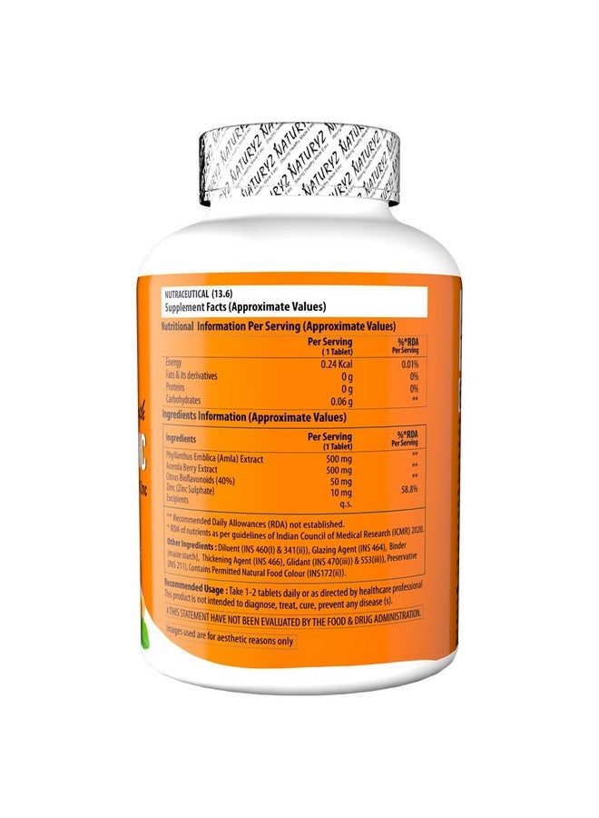 Naturyz Double Strength Natural Vitamin C & Zinc Supplement with Amla, Acerola Cherry, Citrus Bioflavonoids rich in Antioxidants for Immunity Support & Skincare pack of 2 (120 Vegetarian tablets) - Image 2