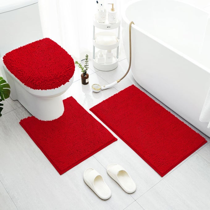 RED BATHROOM RUGS SETS 3 PIECE WITH TOILET LID COVER NON SLIP EXTRA ABSORBENT PLUSH CHENILLE SOFT WASHABLE BATH MATS