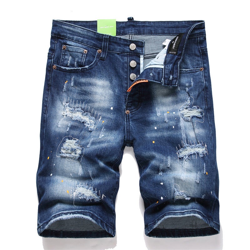 New 2024 Summer Loose Straight Stretch Mens Denim Shorts Ripped Patch Embroidered Mid-Waist Mid-Pants 3786 Blue 