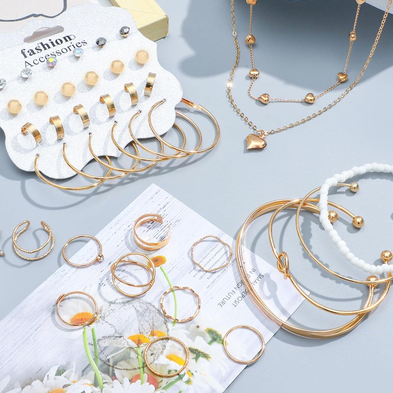 NEWITIN 49 Pieces Gold Jewelry Set for Women Fashion Costume Jewelry Gold Plated Necklace Bracelet Ring Earrings Set for Women - Image 3