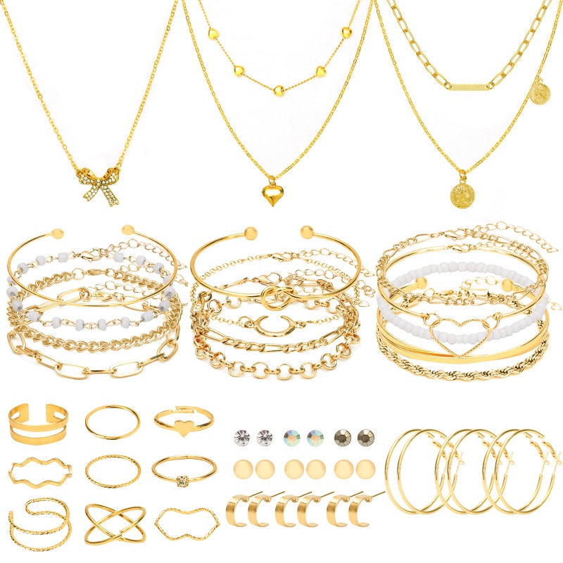 NEWITIN 49 Pieces Gold Jewelry Set for Women Fashion Costume Jewelry Gold Plated Necklace Bracelet Ring Earrings Set for Women - Image 1