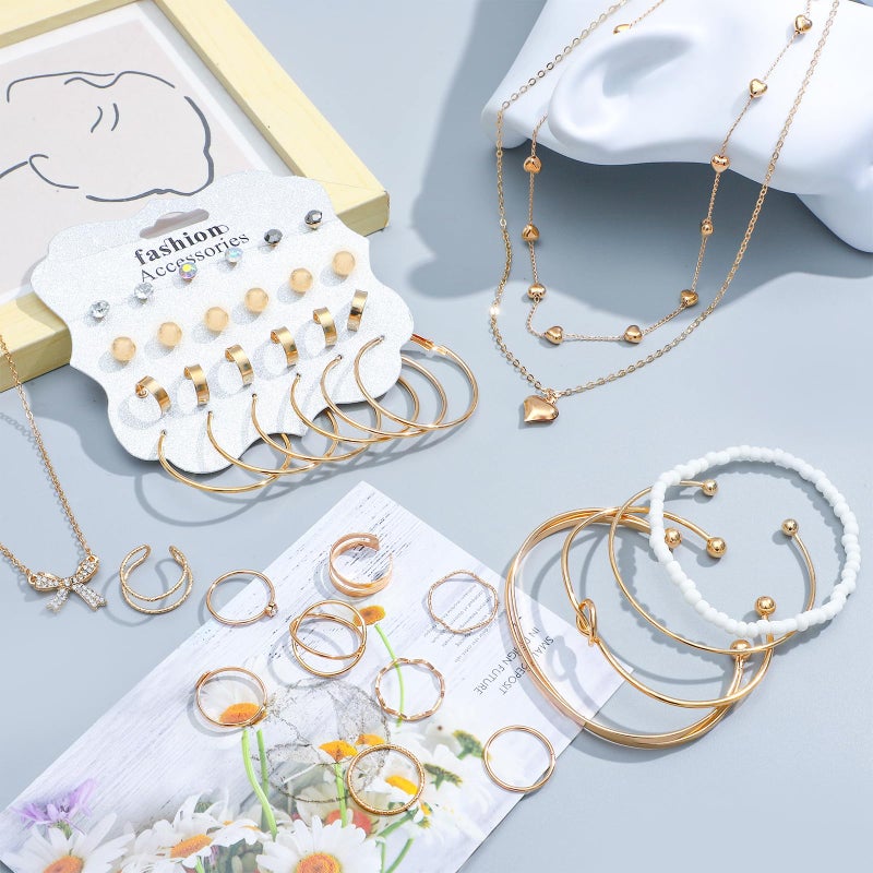 NEWITIN 49 Pieces Gold Jewelry Set for Women Fashion Costume Jewelry Gold Plated Necklace Bracelet Ring Earrings Set for Women - Image 4