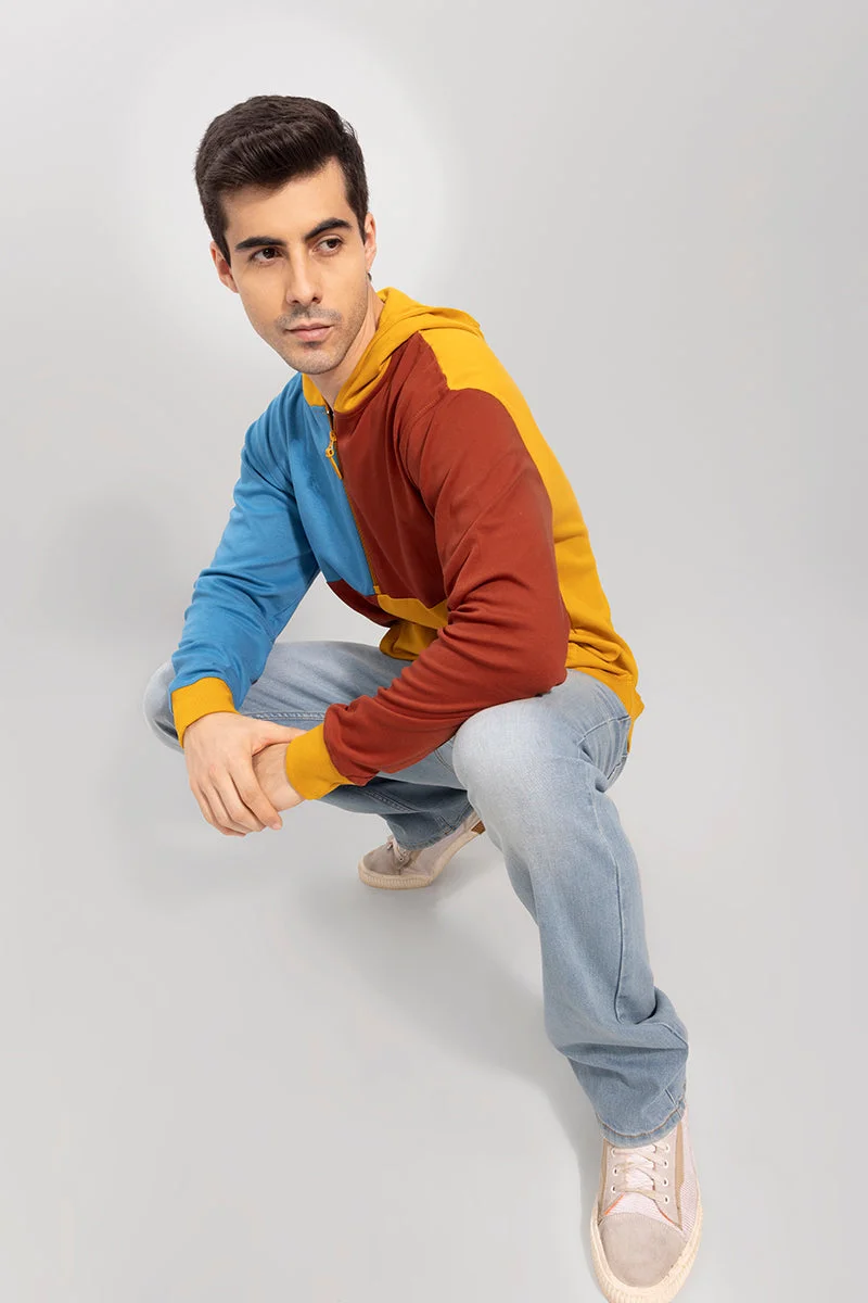 سنيتش Mustard Colour Blocked Long Sleeve Relaxed Streetwear Sweatshirt