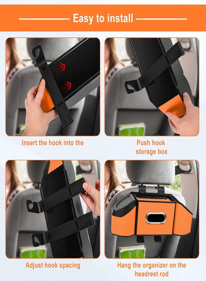 Hiitytin 7-in-1 Car Seat Back Organizer with 3.74” Cup Holders, Tissue Box, Garbage Can & Hooks, Multifunctional Car Seat Back Storage Box, Extra Headrest Cup Holder for Backseat (Orange) - Image 4