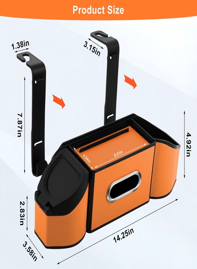 Hiitytin 7-in-1 Car Seat Back Organizer with 3.74” Cup Holders, Tissue Box, Garbage Can & Hooks, Multifunctional Car Seat Back Storage Box, Extra Headrest Cup Holder for Backseat (Orange) - Image 2