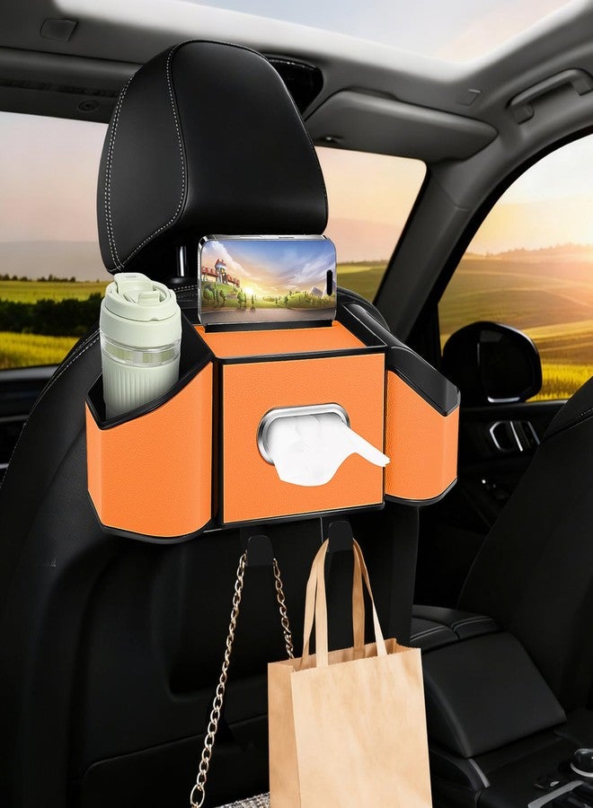 Hiitytin 7-in-1 Car Seat Back Organizer with 3.74” Cup Holders, Tissue Box, Garbage Can & Hooks, Multifunctional Car Seat Back Storage Box, Extra Headrest Cup Holder for Backseat (Orange) - Image 1