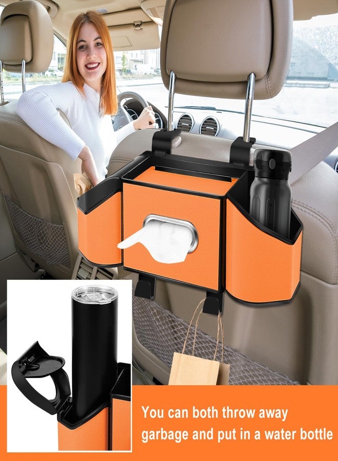 Hiitytin 7-in-1 Car Seat Back Organizer with 3.74” Cup Holders, Tissue Box, Garbage Can & Hooks, Multifunctional Car Seat Back Storage Box, Extra Headrest Cup Holder for Backseat (Orange) - Image 5