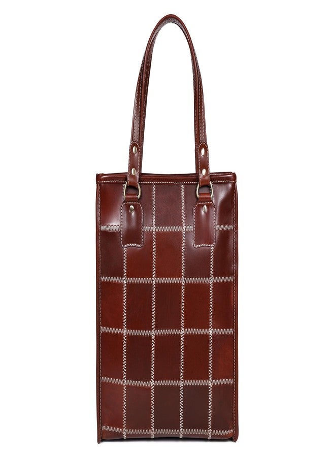 Celtic Premium Genuine Leather Brown Tote Bag with Hand-Stitched Check Panel Design - Image 1