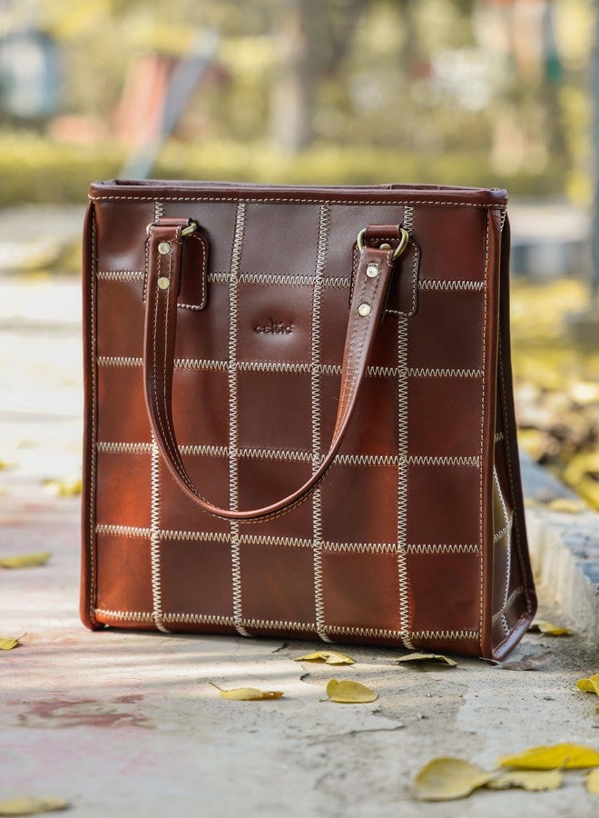 Celtic Premium Genuine Leather Brown Tote Bag with Hand-Stitched Check Panel Design - Image 2