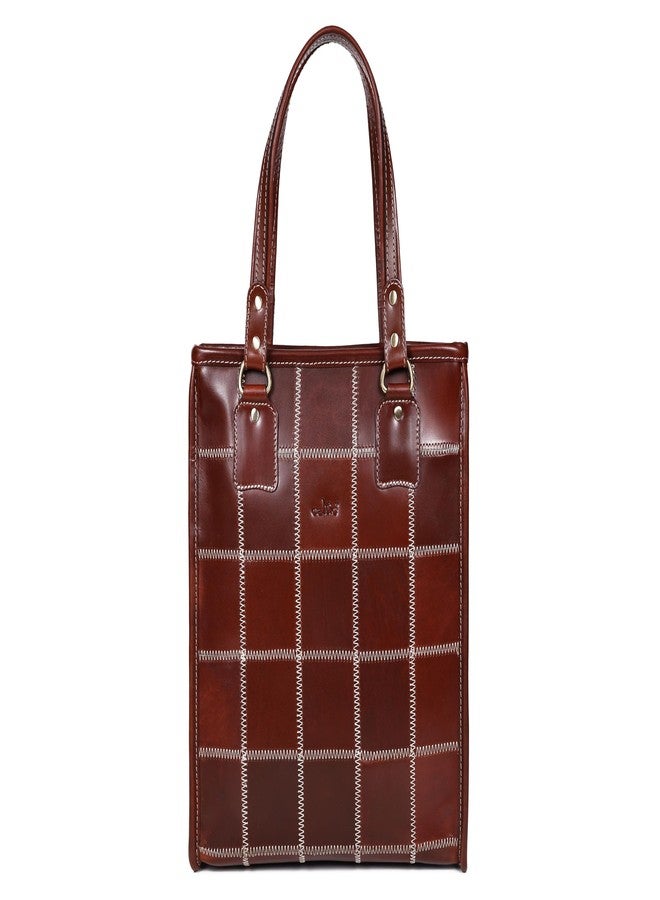 Celtic Premium Genuine Leather Brown Tote Bag with Hand-Stitched Check Panel Design - Image 4