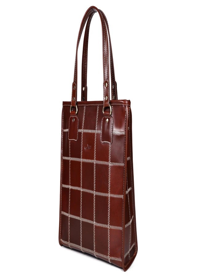 Celtic Premium Genuine Leather Brown Tote Bag with Hand-Stitched Check Panel Design - Image 3