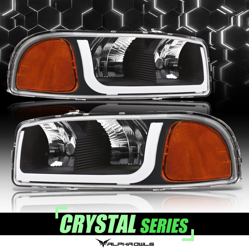 Alpha Owls Crystal Headlights with LED Light Bar - Black Amber - Image 2