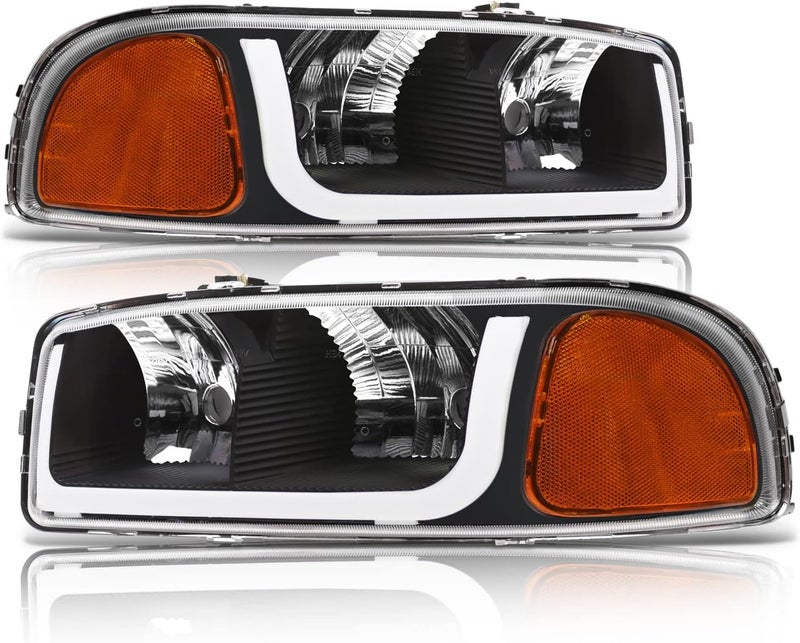 Alpha Owls Crystal Headlights with LED Light Bar - Black Amber - Image 1