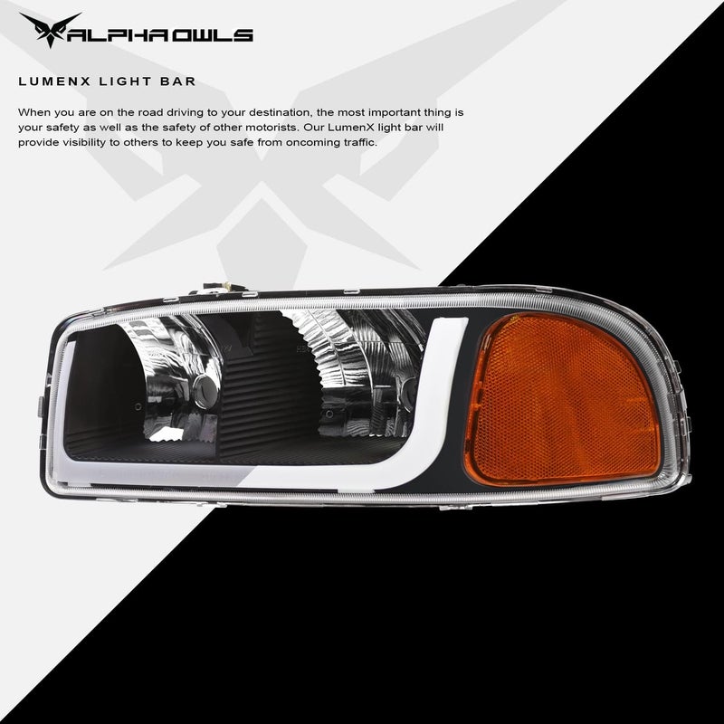 Alpha Owls Crystal Headlights with LED Light Bar - Black Amber - Image 4