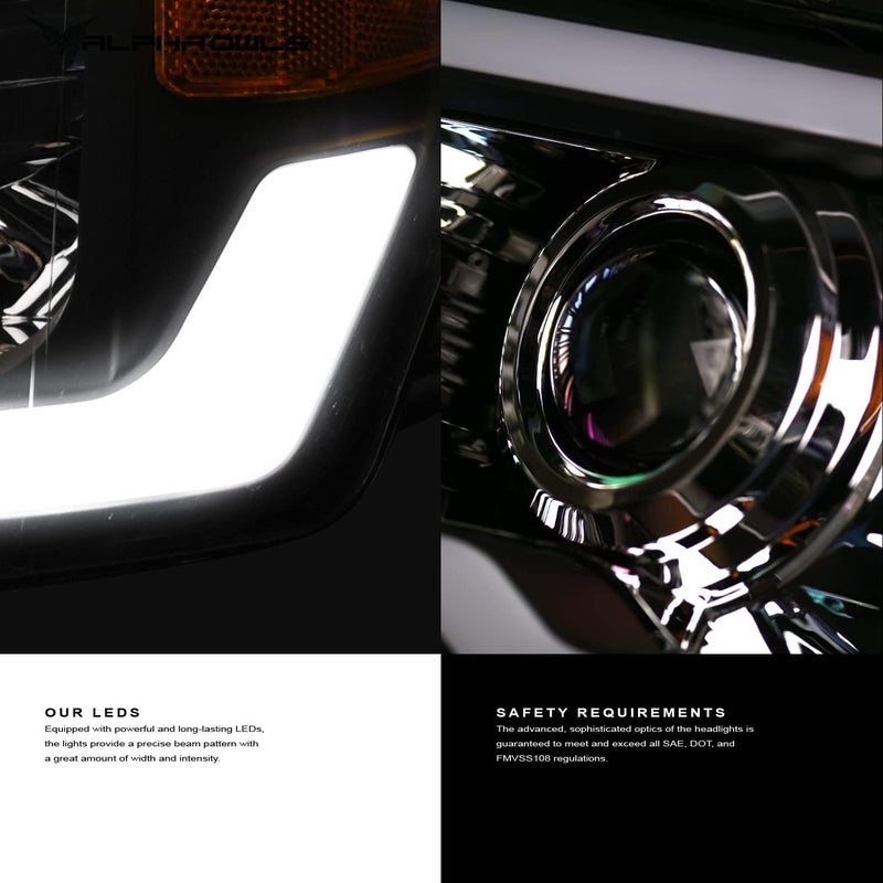 Alpha Owls Crystal Headlights with LED Light Bar - Black Amber - Image 5