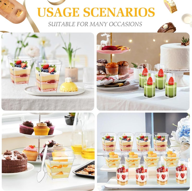 tchrules 300 Packs 5oz Dessert Cups with Lids and Spoons Clear Parfait Cups for Parties Mini Plastic Dessert Cups Appetizer Cups Square Dessert Shooter Cups for Fruit Chocolate Pudding and Ice Cream - Image 4