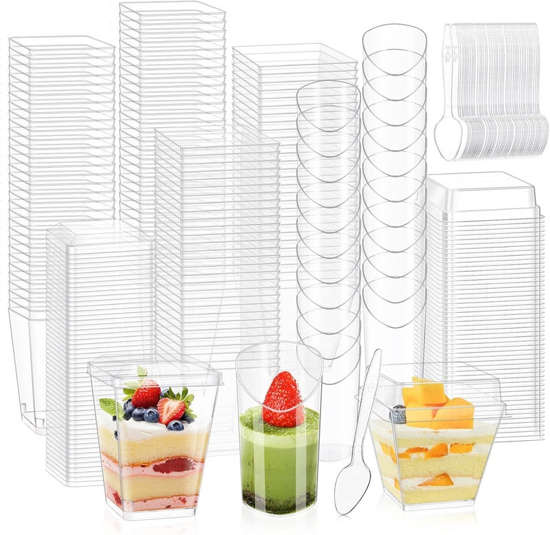 tchrules 300 Packs 5oz Dessert Cups with Lids and Spoons Clear Parfait Cups for Parties Mini Plastic Dessert Cups Appetizer Cups Square Dessert Shooter Cups for Fruit Chocolate Pudding and Ice Cream - Image 1