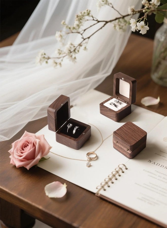 Sovia Wooden Ring Box, 2 Slot Mini Engagement Ring Holder Box, Small Square Solid Walnut Wood Vintage Ring Bearer Case Box, Rustic Jewelry Gift Storage Box for Wedding, Proposal, Bridal Photo, Anniversary - Image 4