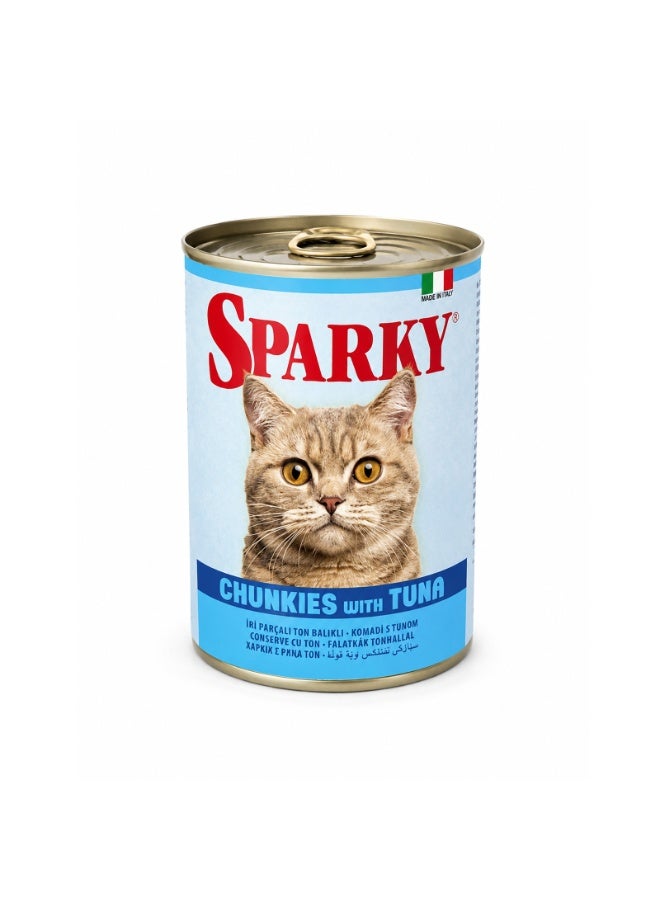 Sparky Premium Wet Cat Food Chunkies with Tuna, 415g Can - Made in Italy, Complete Adult Cat Nutrition, No Artificial Preservatives