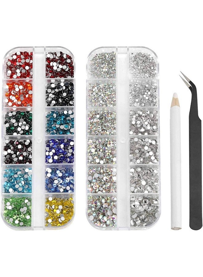 Gleevia Nail Rhinestones, Crystal Nail Art Gems, Flatback Glass Nail Jewels Rhinestone Nail Studs, 12 Mixed Color Crystals Rhinestones with Pickup Pencil & Tweezer for Nails Art Decoration - Image 1
