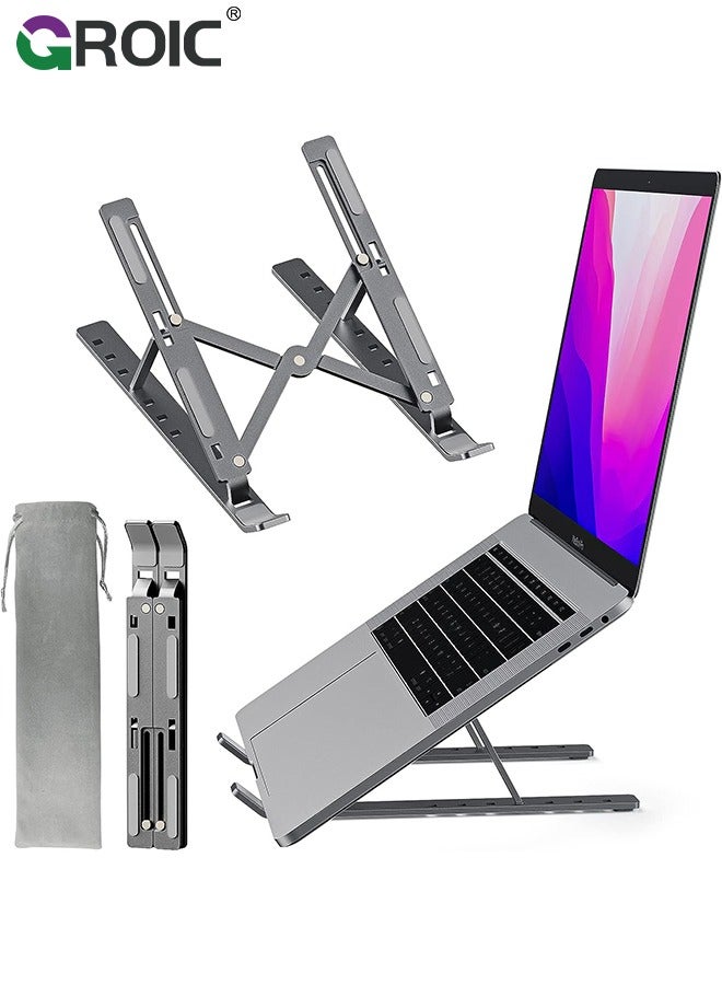 GROIC Small Laptop Silver Stand Holder for Desk 7-Angle Adjustable, Ergonomic Foldable Aluminum Anti-Slip Portable Computer Riser for MacBook iPad Tablet 9-15.6 Inch  - Image 1