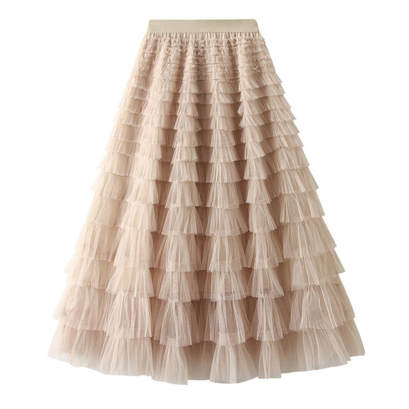 Dirholl Women's A-Line Fairy Patterned Elastic Waist Ruffle Tulle Layered Midi Skirt Tutu B Apricot - Image 1