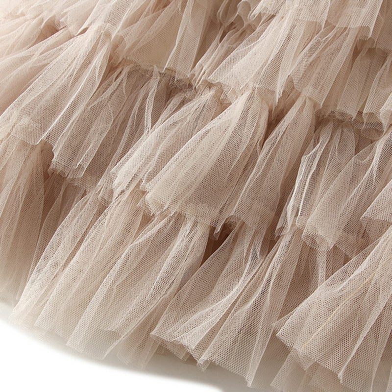 Dirholl Women's A-Line Fairy Patterned Elastic Waist Ruffle Tulle Layered Midi Skirt Tutu B Apricot - Image 4