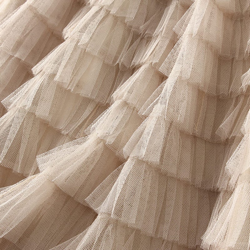 Dirholl Women's A-Line Fairy Patterned Elastic Waist Ruffle Tulle Layered Midi Skirt Tutu B Apricot - Image 2