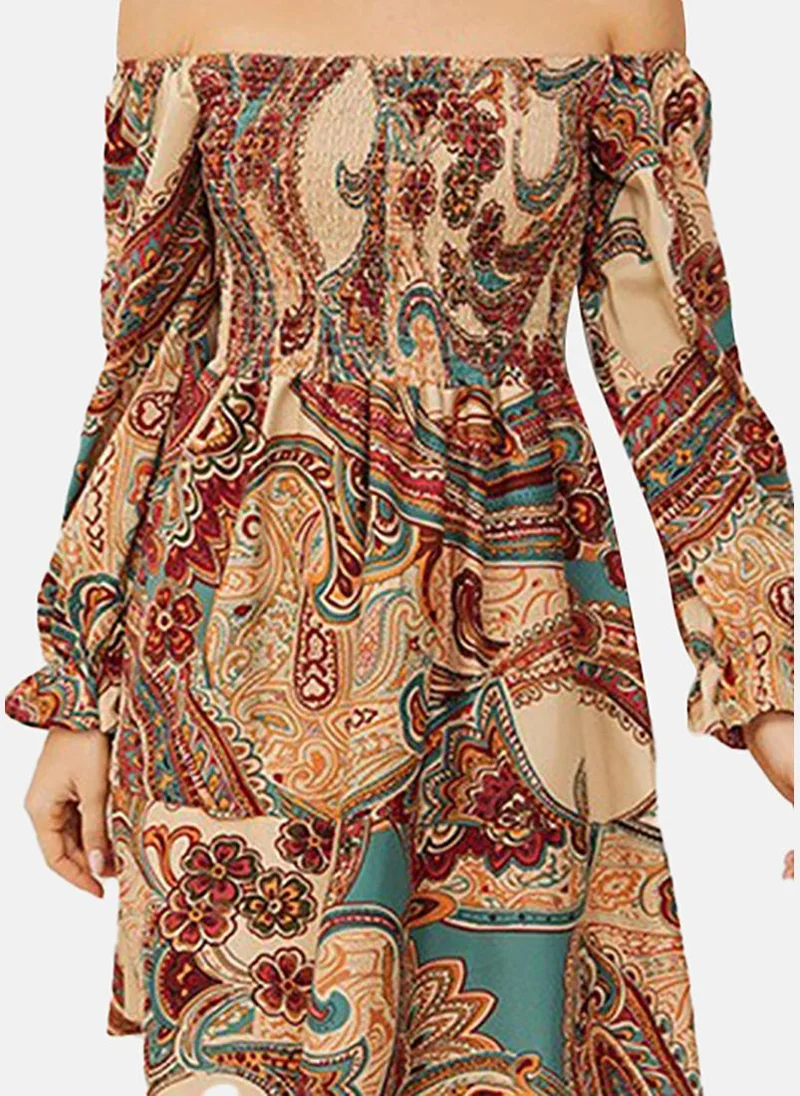 يونيكي Beige Floral Print Off-Shoulder Puff Sleeve Fit & Flare Dress
