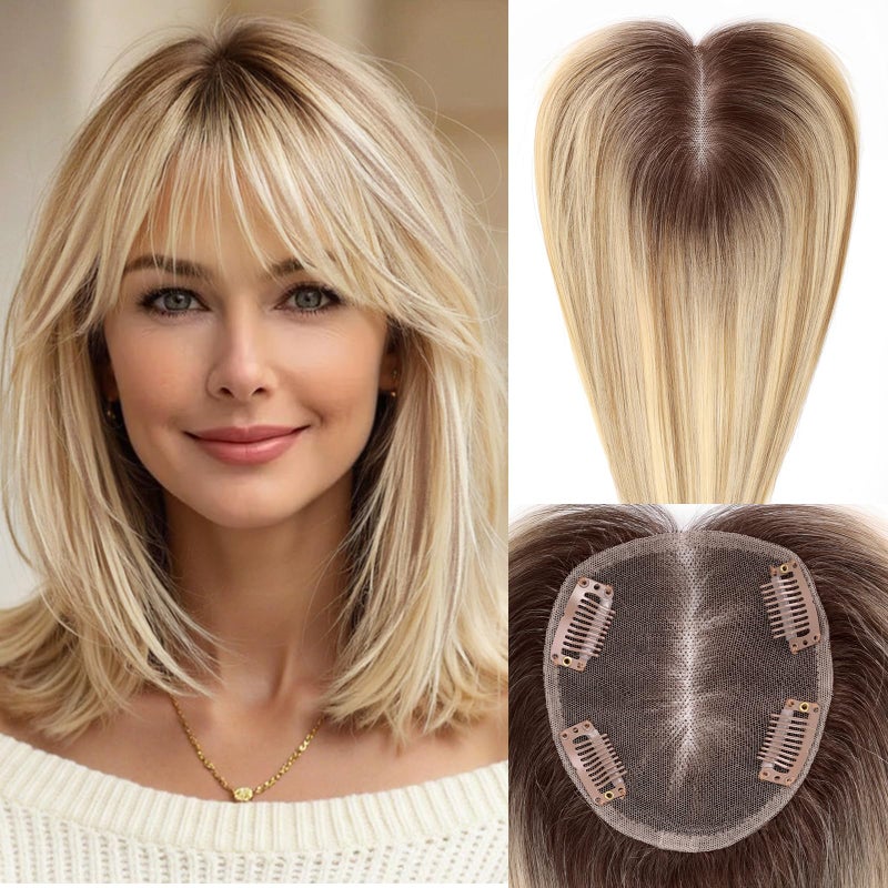 EMMOR 14 Inch Human Hair Topper for Women with 4 Ã— 5 Inch Hand-Tied Base, 100% Real Hair Topper with 4 Non-Slip Clips, Natural Looking Hairpieces for Thinning Hair(Ombre Blonde Mixed Brown) - Image 1