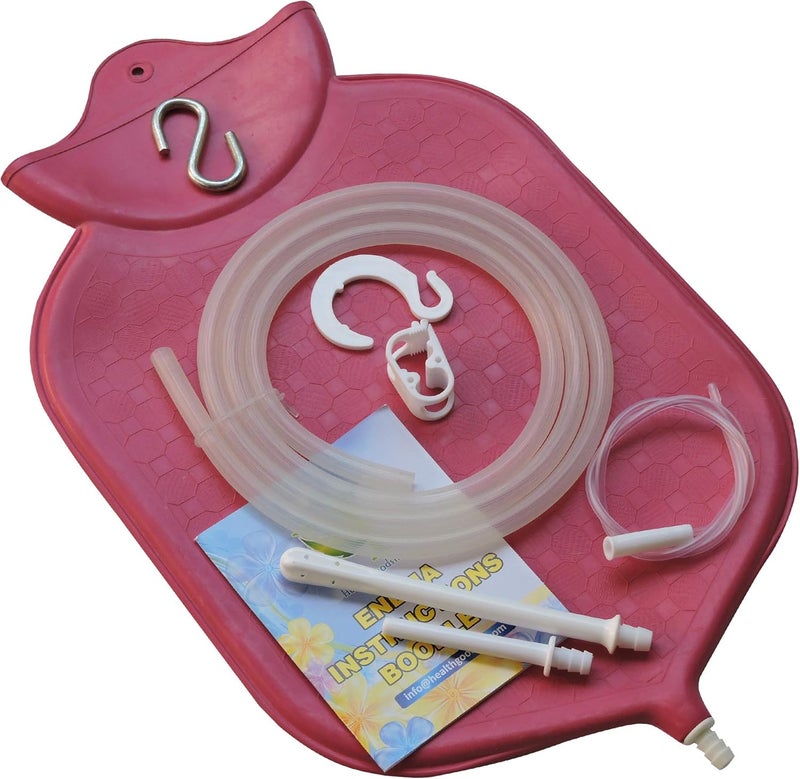 HealthGoodsIn Enema Bag Kit for Colon Cleansing with Platinum Cured Silicone Hose (4 Quart, Open Top) - Red