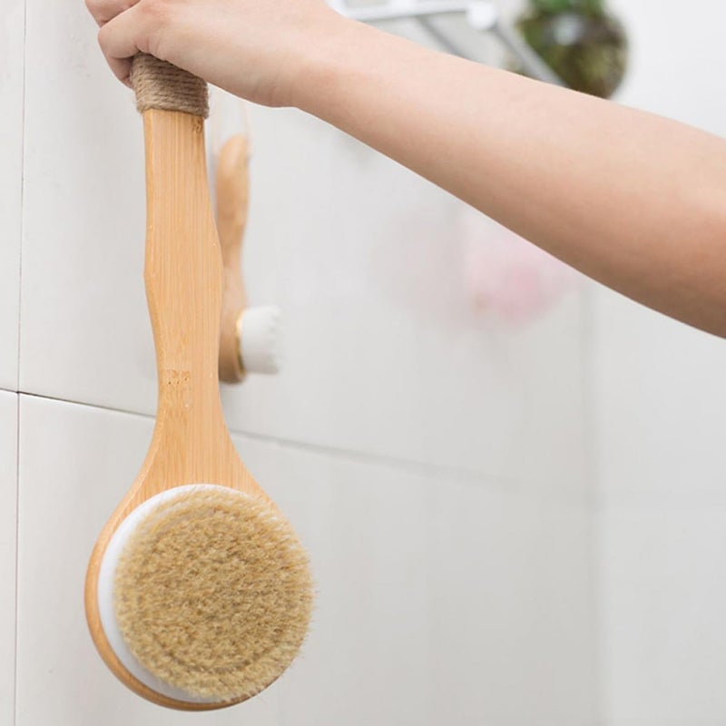 فرشاة شطف الظهر والاستحمام من شركة SHOWERORO ذات مقبض طويل وشعيرات ناعمة، مثالية للتنظيف العميق وتقشير الجلد، وأداة لغسل الجسم مناسبة للاستخدام في البيئات الرطبة والجافة. - Image 5