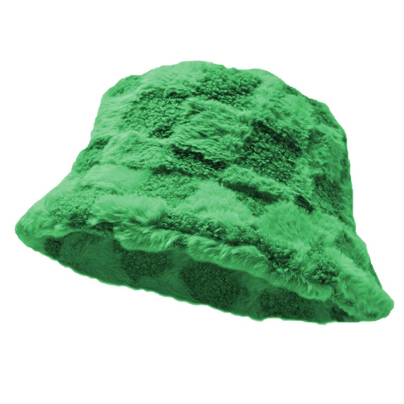 Glory Max Winter Fluffy Plush Bucket Hat Cozy Faux Fur Wide Brim Adjustable Size for Women (US, Alpha, One Size, Check Green) - Image 1