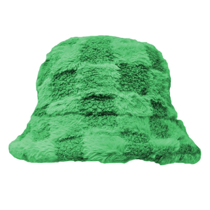 Glory Max Winter Fluffy Plush Bucket Hat Cozy Faux Fur Wide Brim Adjustable Size for Women (US, Alpha, One Size, Check Green) - Image 2