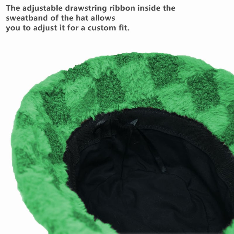 Glory Max Winter Fluffy Plush Bucket Hat Cozy Faux Fur Wide Brim Adjustable Size for Women (US, Alpha, One Size, Check Green) - Image 4