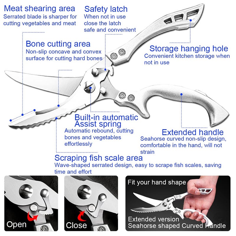 ANDONG Upgrade Heavy Duty Stainless Steel Kitchen Scissors - Professional Poultry Shears for Bone, Meat, Chicken, Fish, Turkey, Vegetables,Spring Loaded Multipurpose Ultra Sharp Utility Scissors - Image 2