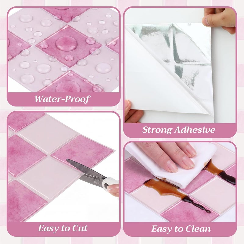 Nuanchu 20 Pcs Peel and Stick Backsplash 7.75" x 7.75" 3D Adhesive Pink and Warm White Checkered Peel and Stick Wall Tiles Waterproof Backsplash for Kitchen Bathroom Fireplace - Image 3