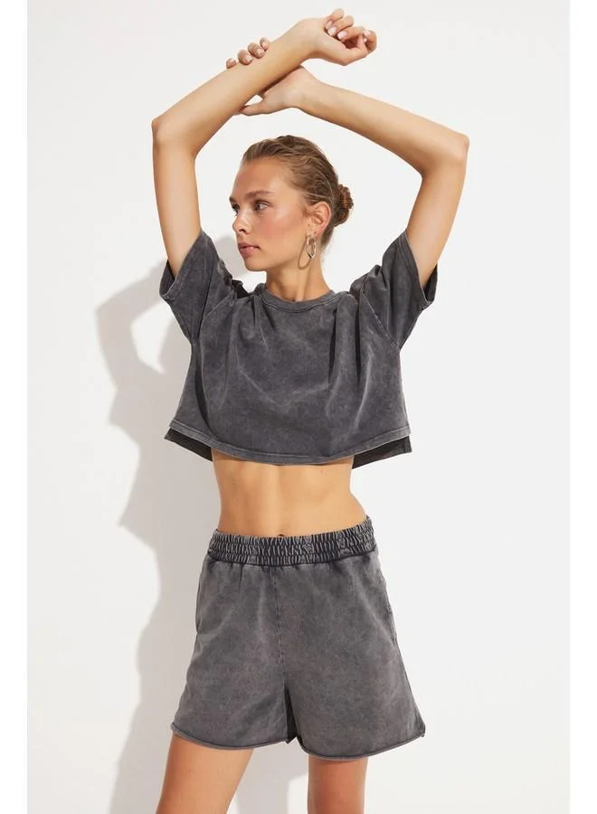 JUNE June Women Cotton Blend Crop Tshirt - Short Woven Set Anthracite