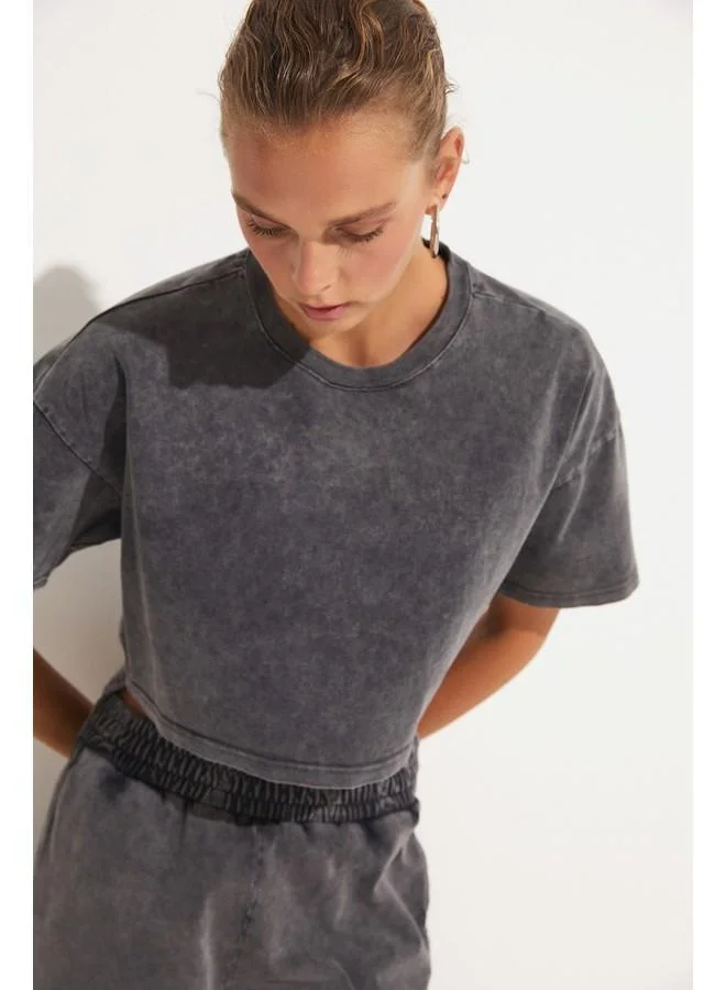 JUNE June Women Cotton Blend Crop Tshirt - Short Woven Set Anthracite