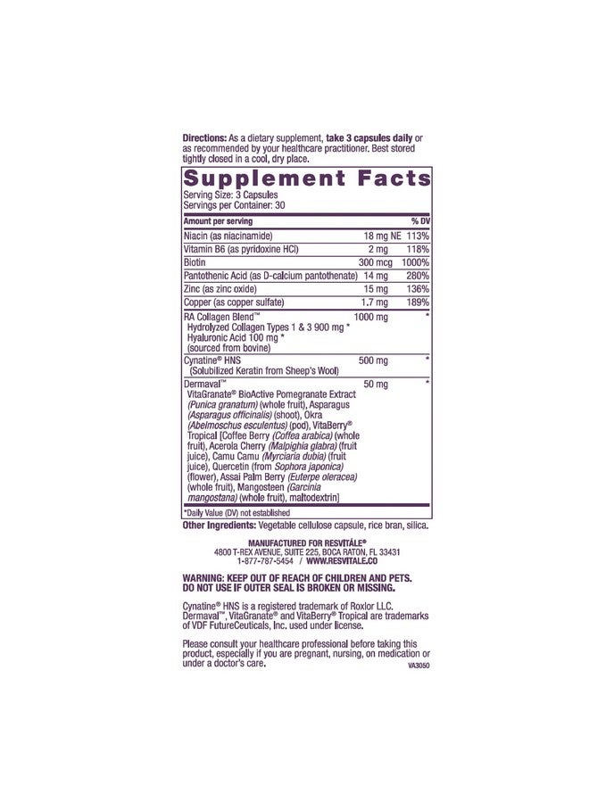 ResVitale ResVitále Beauty 3 - Skin Care Supplement with Collagen, Keratin & Elastin - 90 Capsules - Image 2