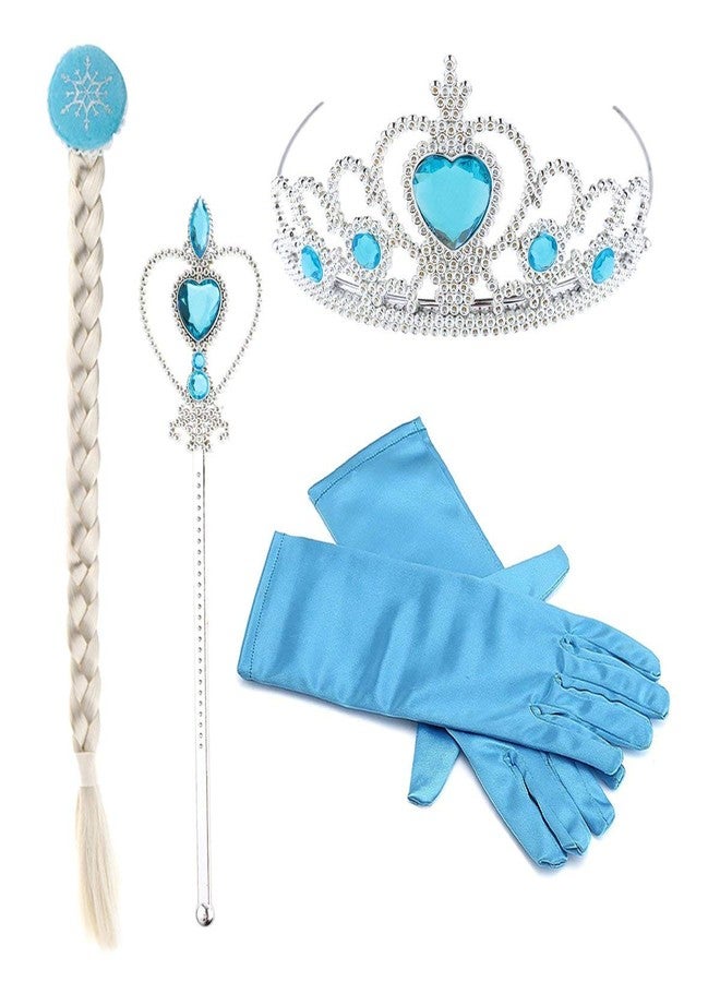 FOK Polyester Princess Fairy Dress Set - Head Gear Tiara, Crown, Wand, Gloves, Braid Hair Wig ( Blue ) - Image 1