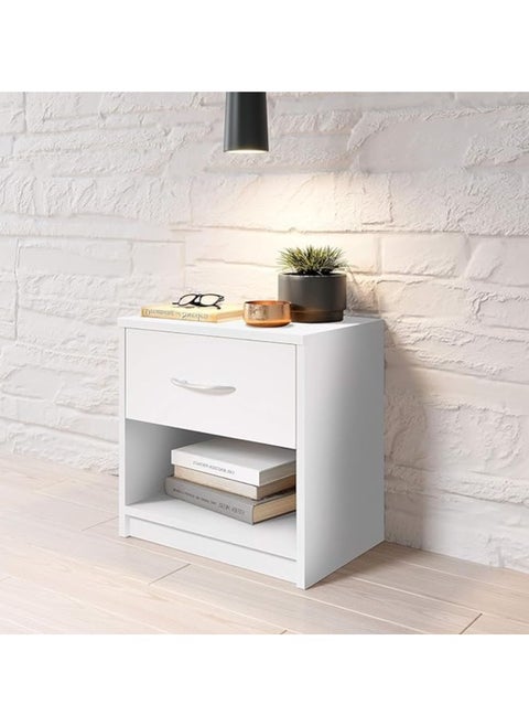 Minimalist Wooden Side Table – White Nightstand with Drawer, Elegant Design for Any Bedroom.