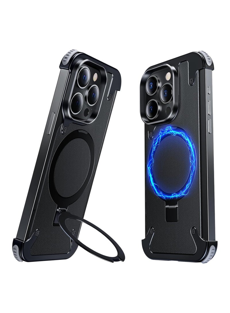 Excefore For iPhone 15 Promax Leather Case with Magsafe Kickstand, Bezel Less Metal Slim Hard Ultra Thin for iPhone 15 Pro Max Case with Ring Holder Magnetic Invisible Stand for Men, Black - Image 1