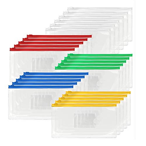 Vantasii 26 Clear Zip Envelope File Bill Document Bag Pocket Pencil Case with Tag Pocket, 5 Assorted Colors, 9.1” x 4.7”fit A6 Sheets - Image 1