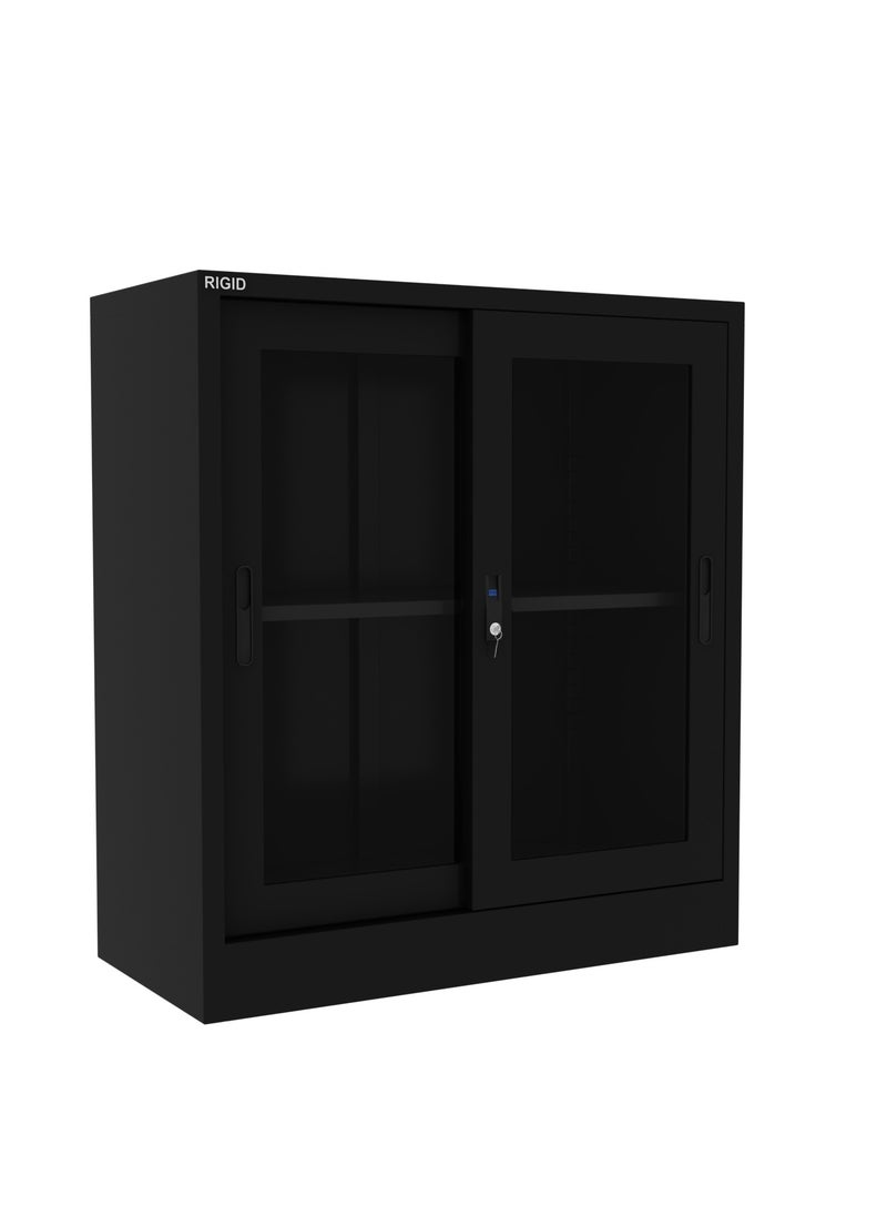 RIGID خزانة ذات باب زجاجي منزلق منخفض الارتفاع من الفولاذ، أسود، 90×90×40 سم  - Image 3