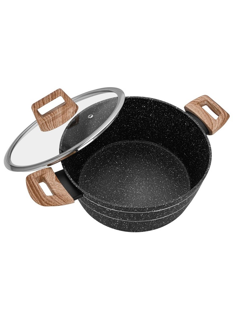 Auroware - Auroware Non Stick 20cm Casserole with Glass Lid Black Forged Aluminium Dishwasher safe Durable and Strong Wooden Finish Handle - Image 1