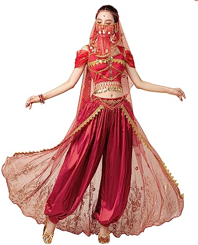 ORIDOOR Womens New Aladdin Jasmine Princess Belly Dance Halloween Costume Set Belly Dance for Dress Up Party 5 Piece Outfit Small Wine red - Image 1